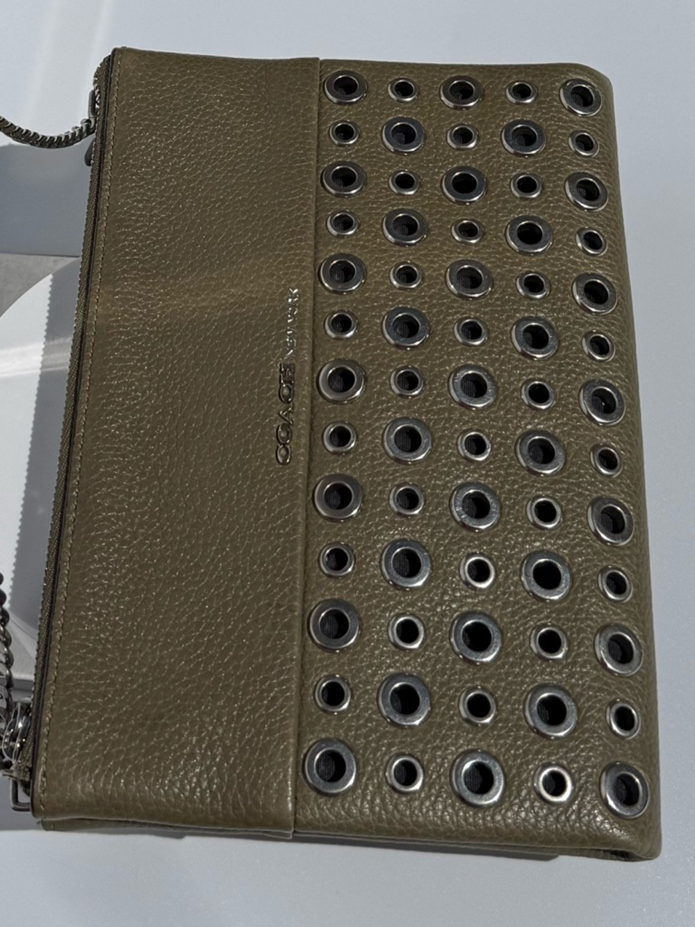 Coach Crossbody Bleecker Olive Green Leather with Silver Grommets.